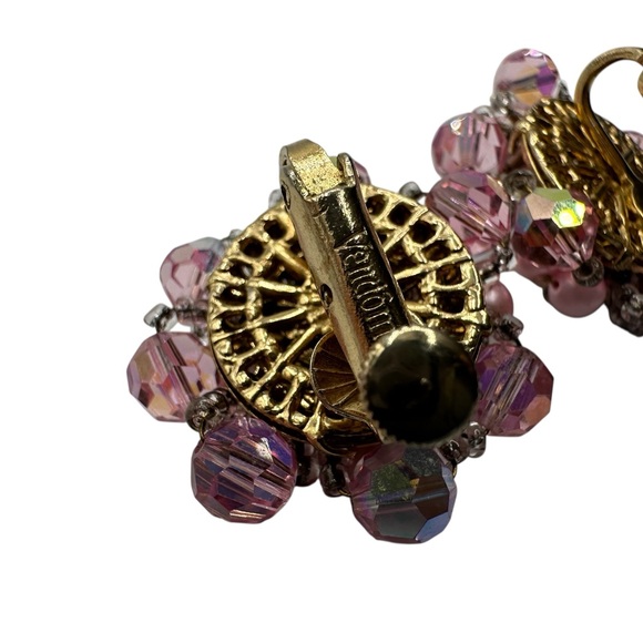 VTG Vendome Pink Beaded Cluster Clip Earrings Pat 280950 AB  Gold Tone 1950s - Picture 9 of 15